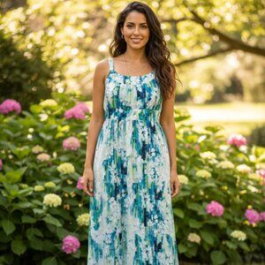 Marc New York Floral Maxi Dress Women's Size 14 Blue & Green Sleeveless Summer
